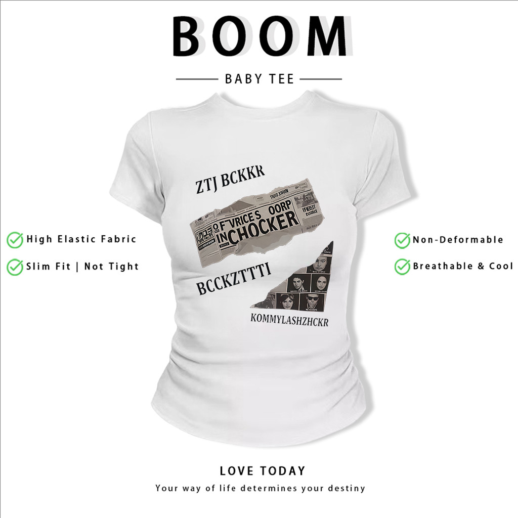 BOOM Áo Baby Tee Nữ Cotton Ôm Body-Áo Thun Ngắn Tay Y2K In Hình PhongCách Mùa Hè, Cổ Tròn Hàng Đầucách hàn quốc phongV98