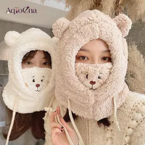 AqToCna Mới Gấu Dễ Thương Mũ Tai Khăn Găng Tay Bộ Mùa Đông Nữ Beanies Mũ Ấm Áp Thường Ngày Sang Trọng Mũ Thường Ngày Lông Cừu Chắc Chắn Cô Gái Kawaii Hiện Nay AqToCna