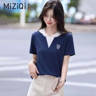 【MiZiQi】Áo thun ngắn tay có mũ trùm đầu dành cho nữ, Áo cổ chữ V giả hai mảnh mùa hè