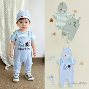 Trang phục ngày của mẹ cho bé trai Bộ áo liền quần sọc ngắn tay có thêu Bộ quần và mũ tổng thể