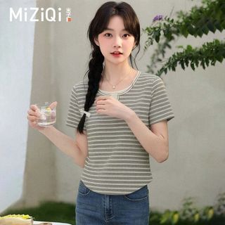 【MIZIQI】Áo thun ngắn tay sọc ngang dành cho nữ, áo hai dây ngắn tay giả dáng rộng