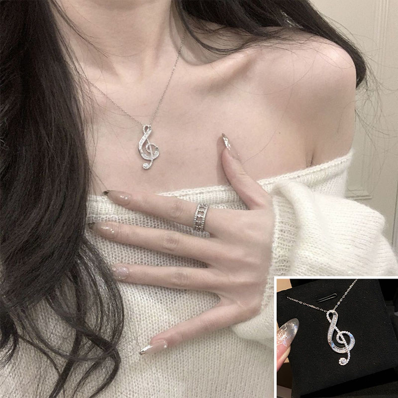 Vòng cổ Clef Treble lấp lánh, Mặt dây chuyền ghi chú âm nhạc bạc với kim cương giả, Trang sức tối giản dành cho những người yêu thích âm nhạc