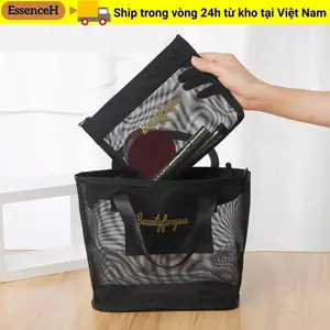 Túi đựng đồ vệ sinh ESSENCEH, Túi tắm du lịch Nylon dung tích lớn, Túi đựng mỹ phẩm nữ có dây kéo lưới màu đen