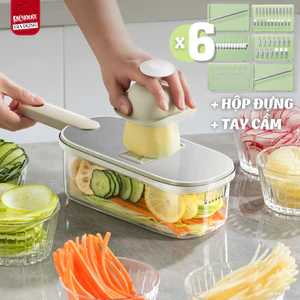 Bộ Nạo Rau Củ HomeMate 6 Lưỡi Dao Đa Năng Kèm Khay Đựng, Dụng Cụ Bào Sợi Cắt Lát Inox Cao Cấp An Toàn