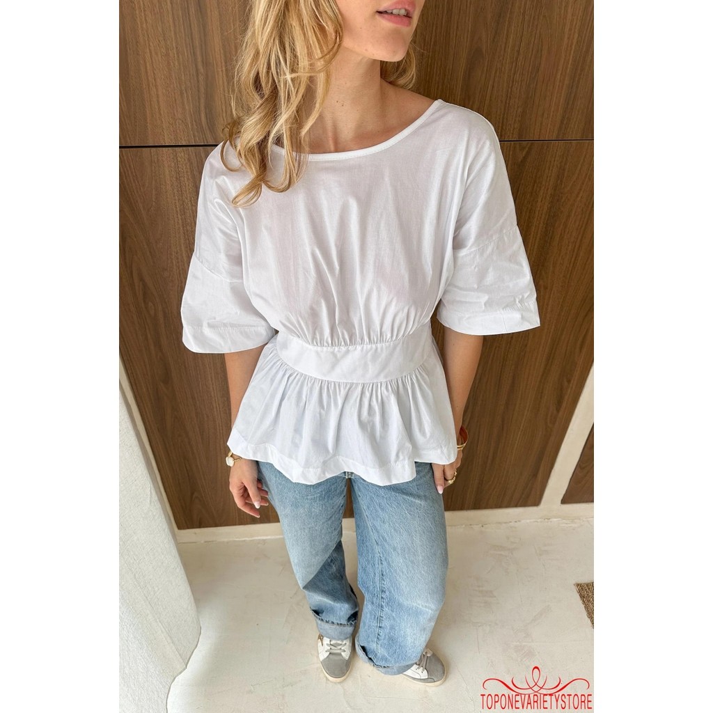 Topone-Nữ Mùa Hè Peplum Áo Thường Ngày Màu Trơn Rời Viền Nơ Lưng Cổ Tròn Khuỷu Tay Áo Sơ Mi