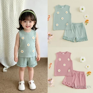 Bộ trang phục và quần short cổ tròn không tay đính hoa đáng yêu cho bé gái 1-5 tuổi