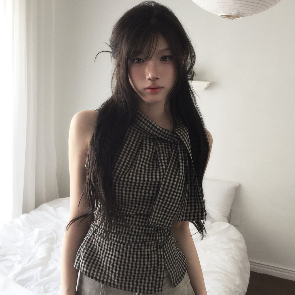 SUXI Áo sơ mi không tay cổ điển kẻ sọc cổ điển mùa hè mới dành cho nữ 260508
