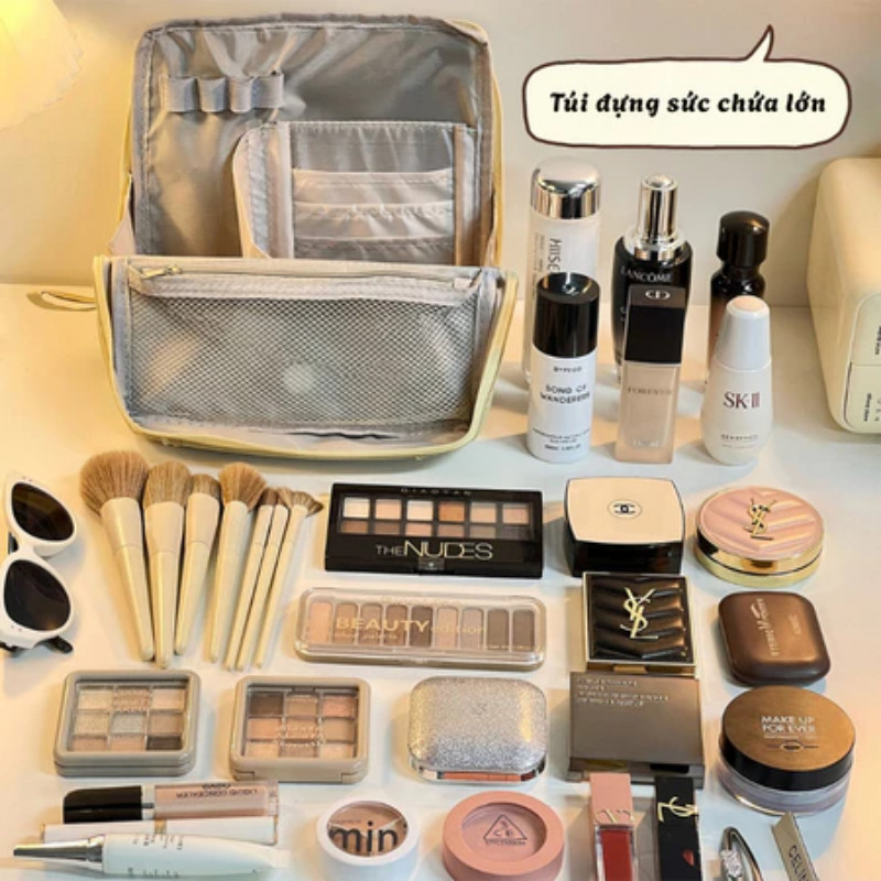 Túi Đựng Mỹ Phẩm Du Lịch HomeMate Kèm Gương Soi – Túi Makeup Da PU Chống Thấm, Nhiều Ngăn Có Quai Xách & Quai Cài Vali