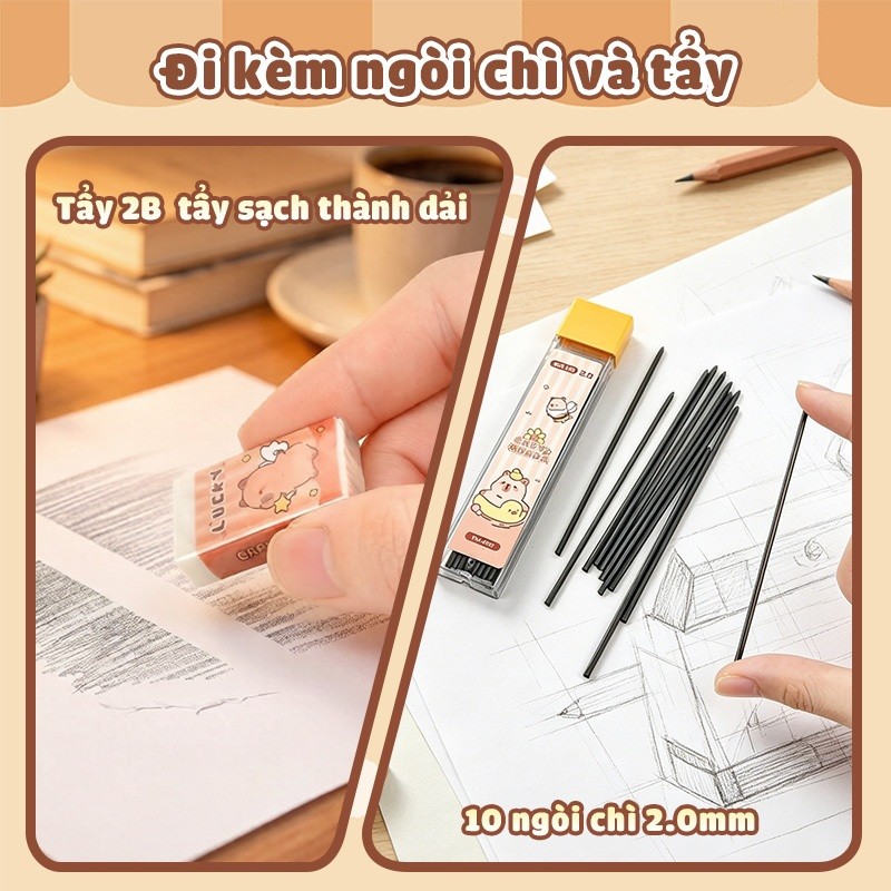 Bút Chì Bấm Capybara 2.0mm – Bút Chì HB Định Vị Tư Thế Chống Gãy Ngòi Cho Bé Tập Viết Chữ
