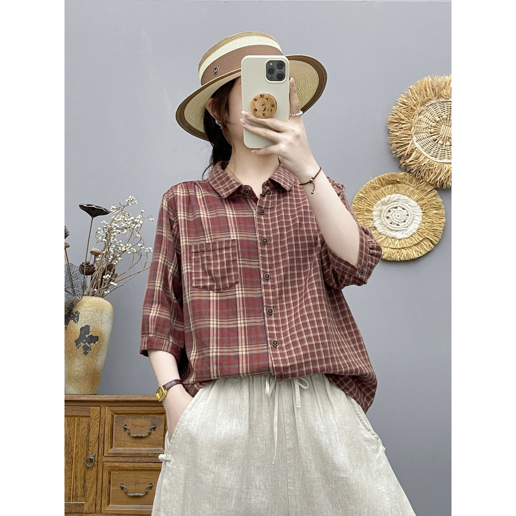 Áo Sơ Mi Nữ Sợi Cotton Cao Cấp Kẻ Sọc Tay Vừa Mùa Hè Mới Thường Ngày Skinny Top