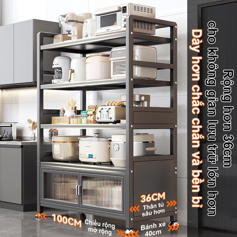 Kệ để đồ nhà bếp chống bụi Thép Cacbon Kệ Tủ bếp đa năng Kệ để đồ Có bánh xe 3/4/5 Tầng