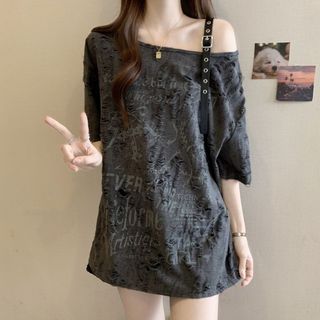 Size Lớn Rách Một Vai Ngắn Tay Áo Thun Nữ Mùa Hè 2026 Béo mm Rời Mỏng Hơn Nhìn Bao Mỡ Off-the @