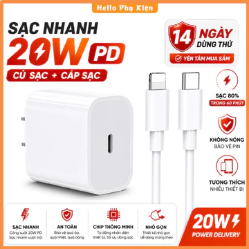 Bộ sạc nhanh 20W PD [củ sạc + cáp sạc] cho 5-14PRM. Sạc 60p lên 80% Pin. Cốc sạc Type C, Dây sạc 20W Sạc Nhanh Gấp 3 Lần