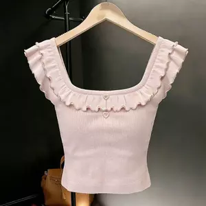 Áo dệt kim cổ vuông xù khí chất dành cho nữ Mùa hè Thiết kế phong cách mới Niche Áo thun tay bay giảm tuổi phong cách phương Tây