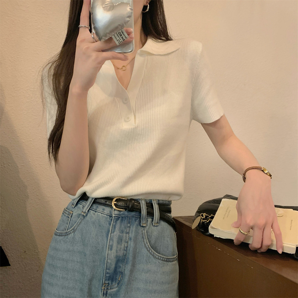 SUXI Áo sơ mi polo nữ ngắn tay, chất liệu dệt kim mềm mại, phù hợp mùa hè 260424