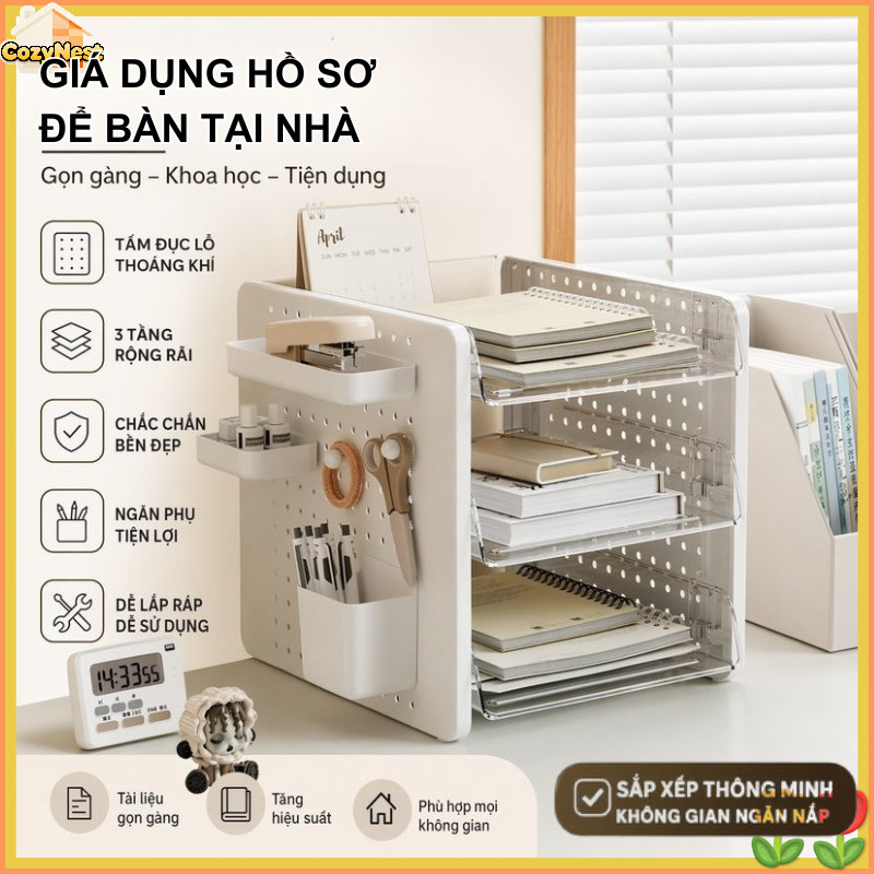 Giá để hồ sơ bàn làm việc nhiều lớp,hộp lưu trữ có bảng lỗ,dụng cụ văn phòng phẩm,sắp xếp gọn gàng