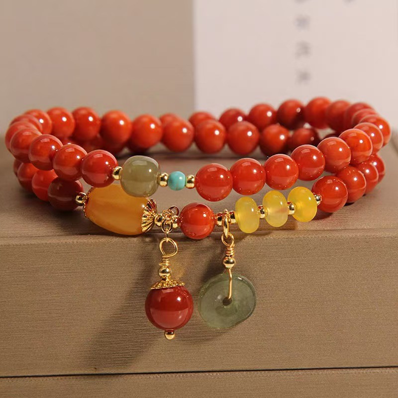 Mới Nam Đỏ Mã Não Nhiều Lớp Vòng Tay Vintage Sang Trọng Sáp Ong Khóa An Toàn Vòng Tròn Đôi Vòng Tay Thời Trang Ins Niche Tay Trang Sức Cho Nữ Người Bạn Thân Nhất