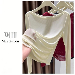Milyfashion Co Giãn Cao Slim-fit Slimmer Look Encore Red Pure Desire Slanted Vai Cổ Phẳng Áo Thun Nữ Mờ Gạc Dây Dài Tay Top
