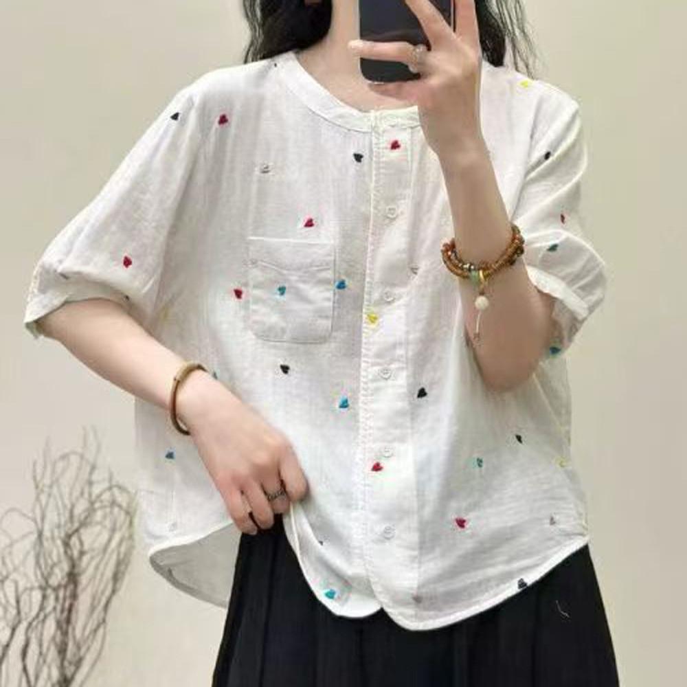 Áo sơ mi nữ chấm bi thêu trắng, cotton, phù hợp cho mùa hè