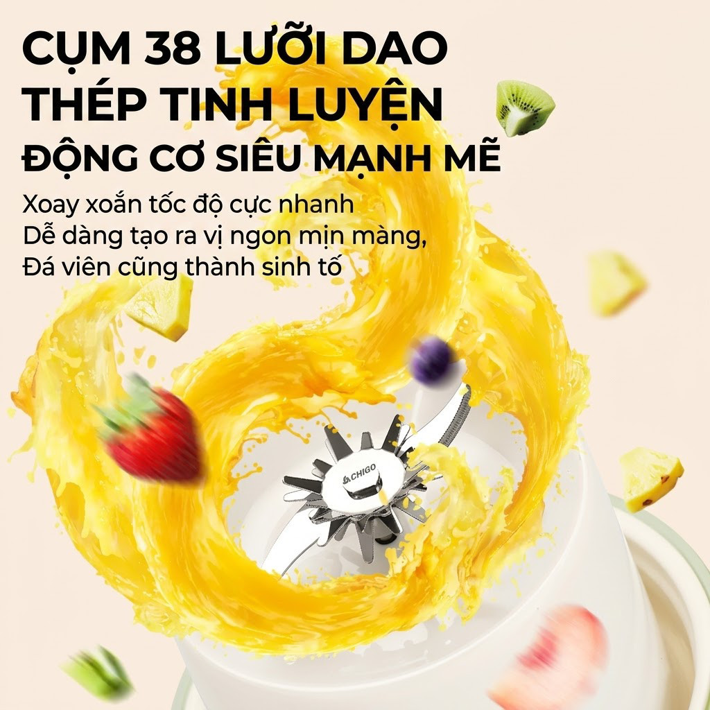 【🔥】Máy xay sinh tố Chigo chống nước toàn thân, dung tích lớn 600/1000ml, 38 lưỡi dao có thể xay đá, cốc tiện lợi mang đi