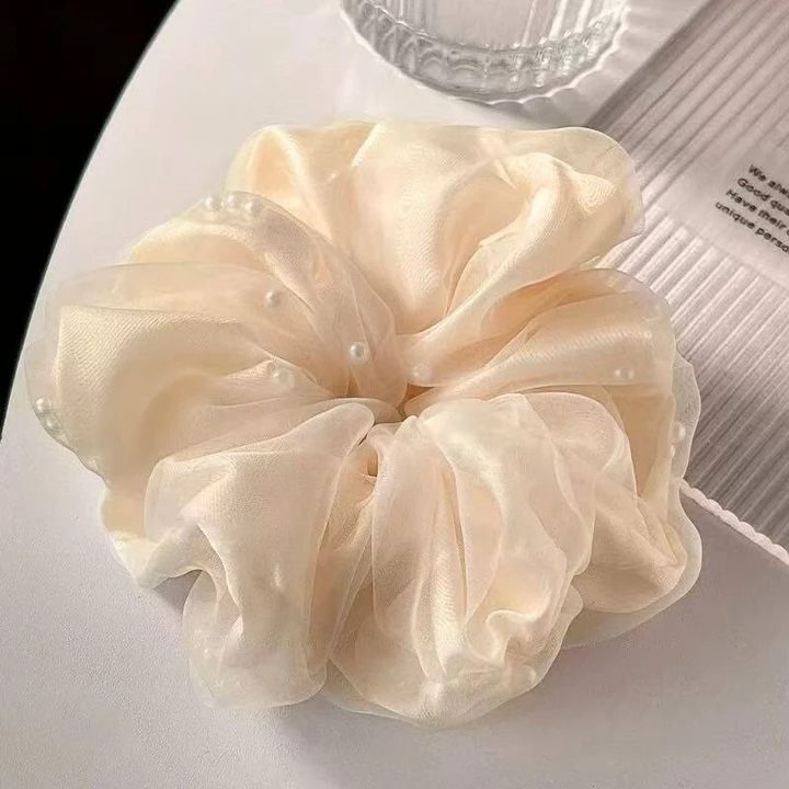 Nhẹ Nhàng Lớn Trắng Đen Lưới Ngọc Trai Scrunchie Tóc Dây Buộc Tóc Scrunchies Phụ Kiện Tóc