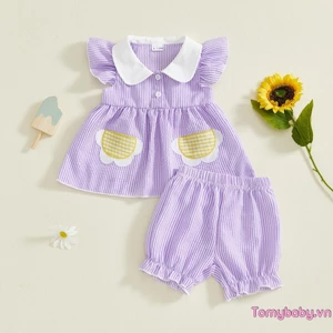 Bộ trang phục 2 món dành cho bé gái Áo cổ búp bê sọc không tay + Quần short