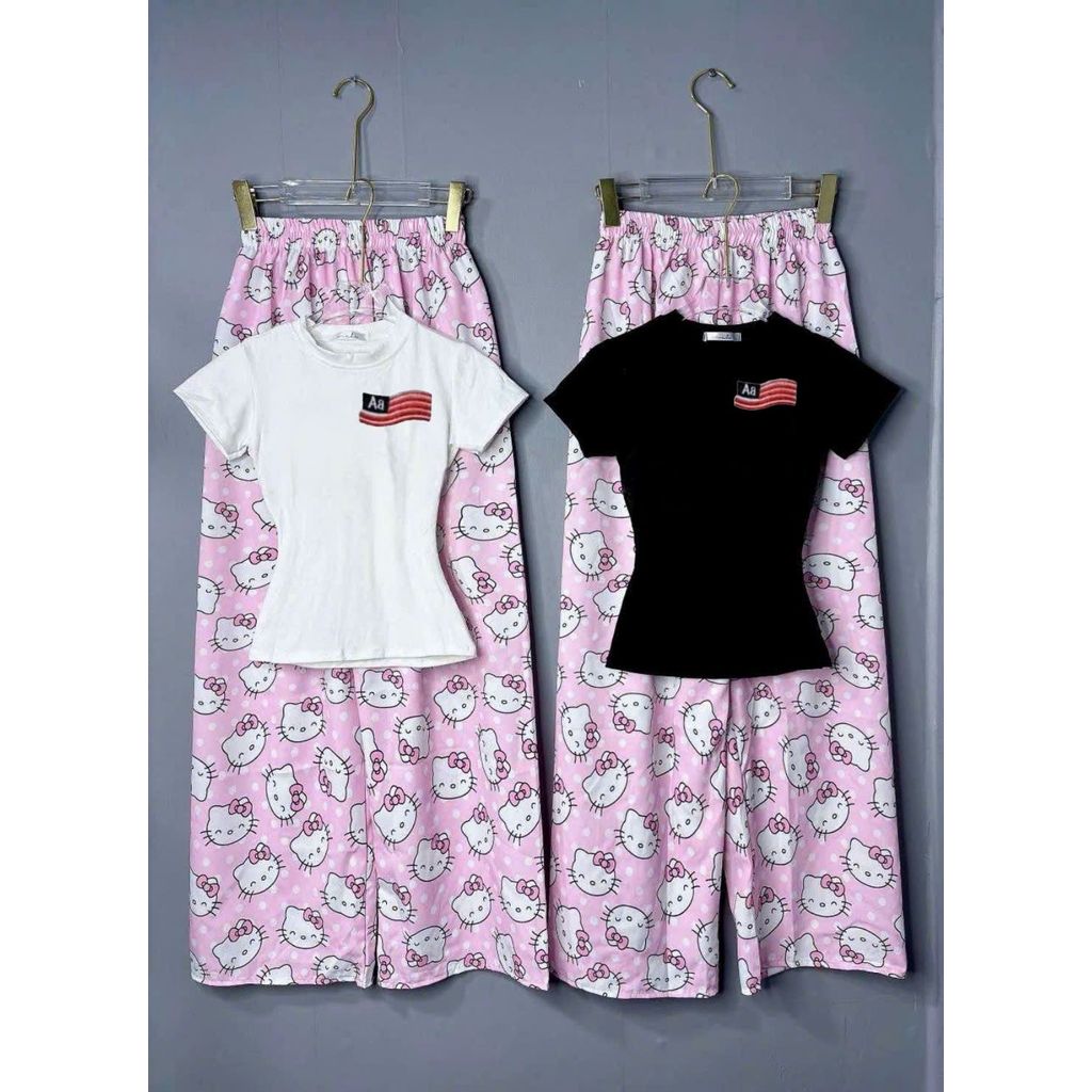 [ MỞ BÁN GIẢM 60% ] Sét quần ki ty màu hồng dáng dài + mix áo thun tăm croptop LÁ CỜ MỸ AA-CHANG