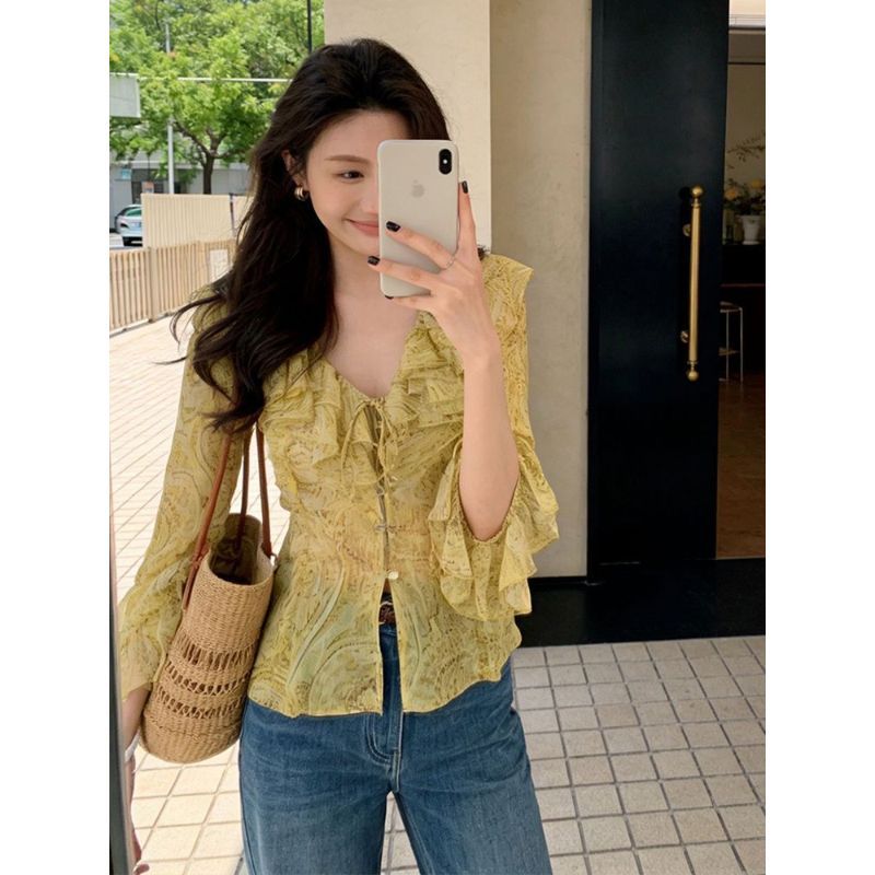 [Hàng mới về] Áo sơ mi voan khâu cổ chữ V kiểu Pháp dành cho nữ Mùa hè 2026 Phong cách mới Slim-fit Slimmer Look Beautiful Holiday Top