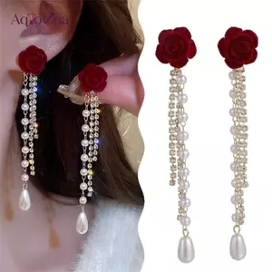AqToCna Đỏ Floing Nơ Ngọc Trai sel Bông Tai Nữ Xu Hướng Thanh Lịch Sang Trọng Hoa Hồng Đỏ Hoa Dài sel Bông Tai Trang Sức Quà Tặng AqToCna