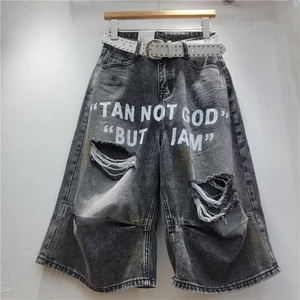 Châu Âu Mỹ Phong Cách Quần Denim Mùa Hè 2026 Phong Cách Mới In Chữ Rách Quần Jean Xù Đẹp Trai Crop Quần Rời