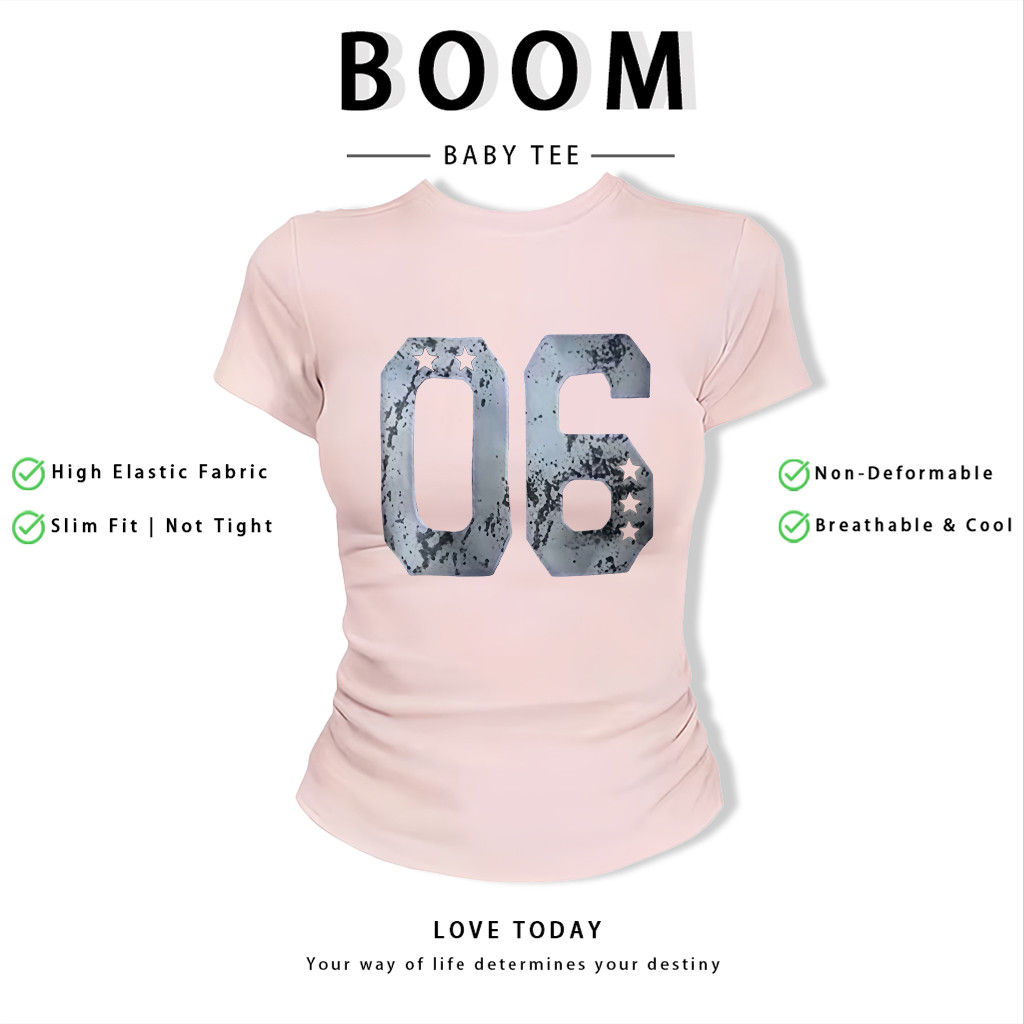 BOOM Áo Baby Tee Nữ Cotton Ôm Body-Áo Thun Ngắn Tay Y2K In Hình PhongCách Mùa Hè, Cổ Tròn Hàng Đầucách hàn quốc phongG19