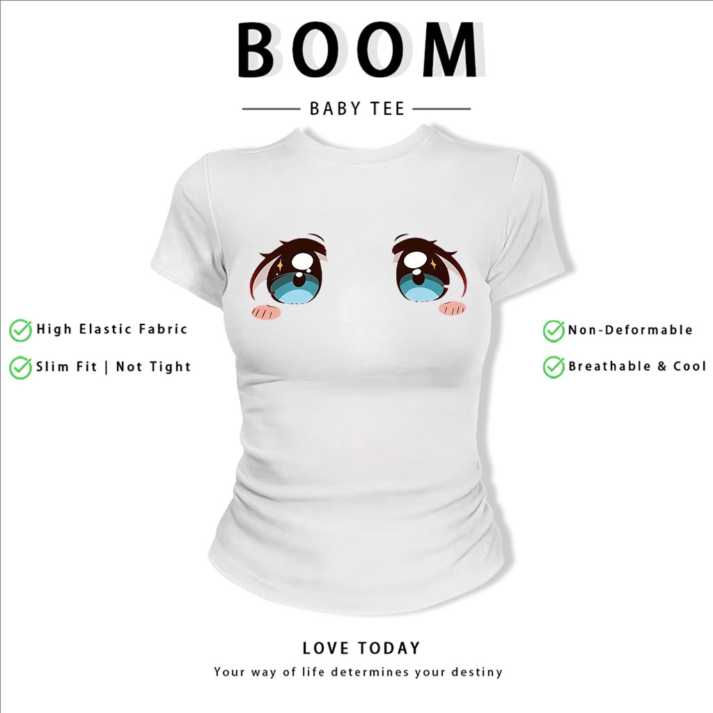 BOOM Áo Baby Tee Nữ Cotton Ôm Body-Áo Thun Ngắn Tay Y2K In Hình PhongCách Mùa Hè, Cổ Tròn Hàng Đầucách hàn quốc phongG82