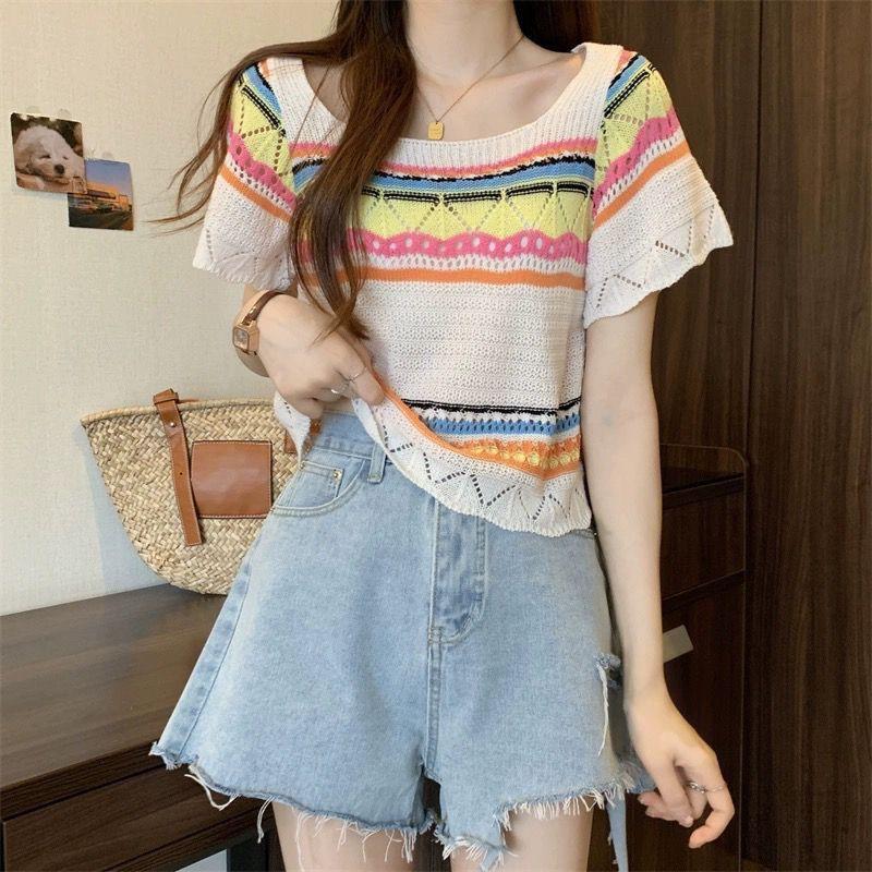 [Giảm giá 50%] Áo thun ngắn tay cổ tròn vuông phù hợp phong cách ngắn tay ngọt ngào dành cho nữ Mùa hè Phong cách mới thon gọn hơn trông mỏng dệt kim Sw