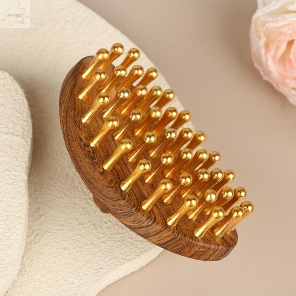 Bàn chải massage toàn thân AWNGD, Máy mát xa da đầu con lăn hạt vàng bằng đồng thau nguyên khối 39-Tooth, Tay cầm bằng gỗ Giảm áp Bàn chải kinh tuyến Massage cơ thể