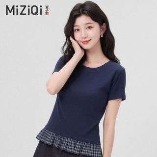 【MIZIQI】áo phông nữ Áo thun ngắn tay nữ, Áo kẻ sọc hai mảnh giả mỏng hơn