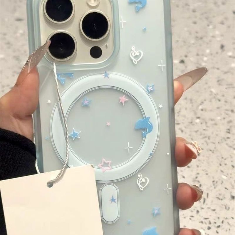 Cảm giác da|Gương bán kính dễ thương Dolphin Note Giá đỡ từ tính Thích hợp cho Apple 17pro Frosted Blue 16 Vỏ bảo vệ điện thoại