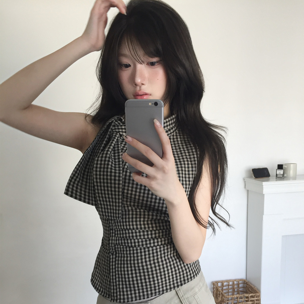 SUXI Áo sơ mi không tay cổ điển kẻ sọc cổ điển mùa hè mới dành cho nữ 260508
