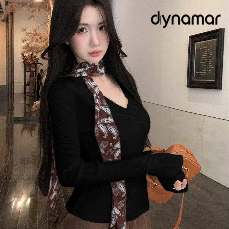 【dynamar】Áo len nữ cổ chữ V thanh lịch, sang trọng với dây ruy băng dài, kiểu dáng ôm sát.