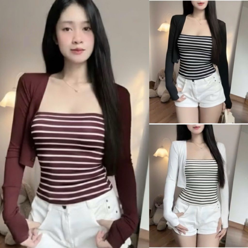 Set áo khoác Croptop phối nút tay dài mix áo ống sọc ngang kiểu Hàn Quốc siêu hot GOV315 - SamHi Closet
