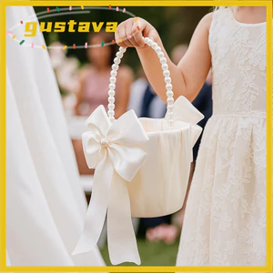 Giỏ Cưới Nơ GUSTAVA, Đồ Dùng Đám Cưới Tay Cầm Ngọc Trai Giỏ Hoa, Giỏ Cưới Tay Màu Trắng Satin Thời Trang Cánh Hoa