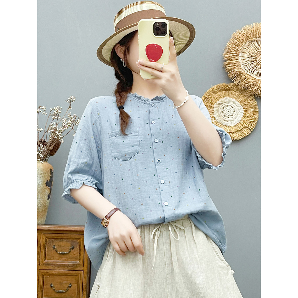 Áo sơ mi nữ cổ chấm bi tay vừa, vải cotton cao cấp, họa tiết chấm bi nhỏ kiểu Pháp