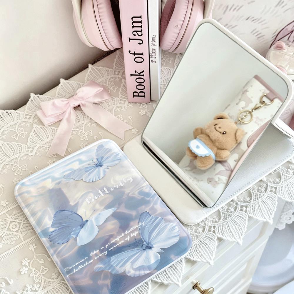 Gương gập mini trang điểm bỏ túi họa tiết bướm xanh nhạt dịu nhẹ thẩm mỹ cao đẹp