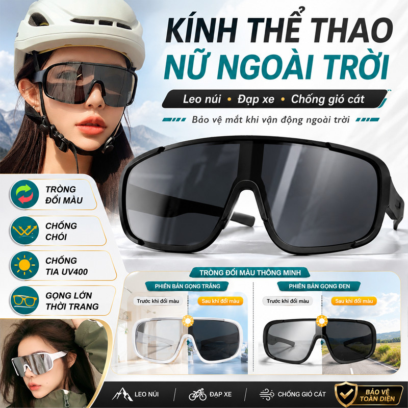 Kính Thể Thao Đổi Màu Chống Bụi – Phân Cực UV, Bảo Vệ Mắt Khi Đi Đường, Dùng Xe Đạp/Xe Máy, Tặng Kèm Hộp Kính