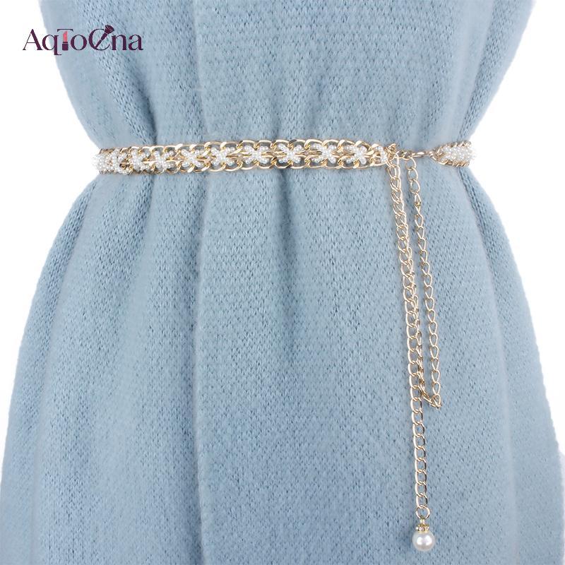 AqToCna Thắt lưng nữ ngọc trai với dây xích đàn hồi - Phụ kiện thời trang cho quần áo