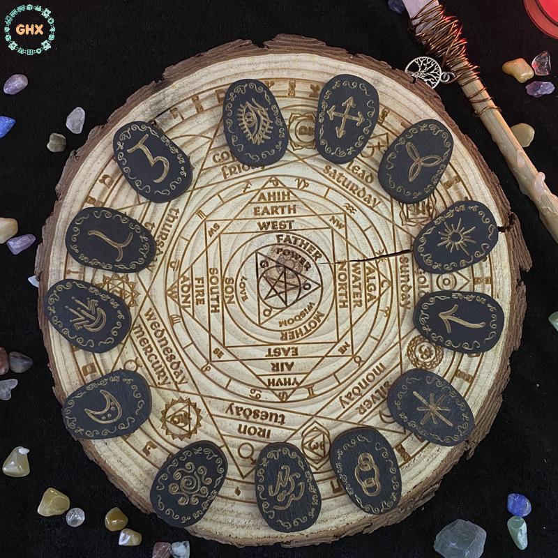 GHX Gỗ Runes Bộ Đá Phù Thủy Rune Bộ 14 Chiếc Khắc Rune Biểu Tượng Cho Bói Toán VN