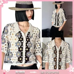 Áo sơ mi nữ thêu hoa và móc ren tay ngắn, thiết kếcrop trendy