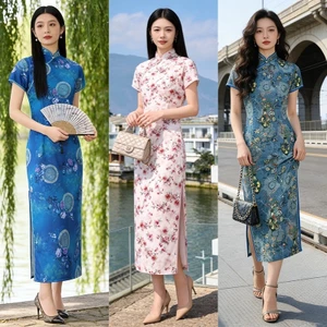 WHX-Trung Quốc Phong Cách Sườn Xám Plus Size Nữ Dài Phong Cách Trung Hoa Mới Ôm Hơn Nhìn Sườn Xám Slim-fit Dài Cải Tiến Đầm