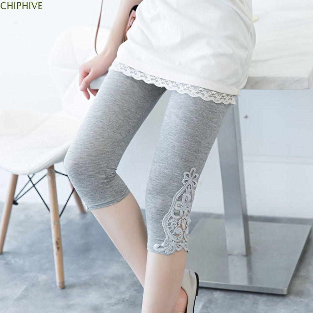 Quần capri co giãn CHIPHIVE, cạp thun, legging ren cạp cao, bó màu trơn hoa ren, phong cách kỳ nghỉ
