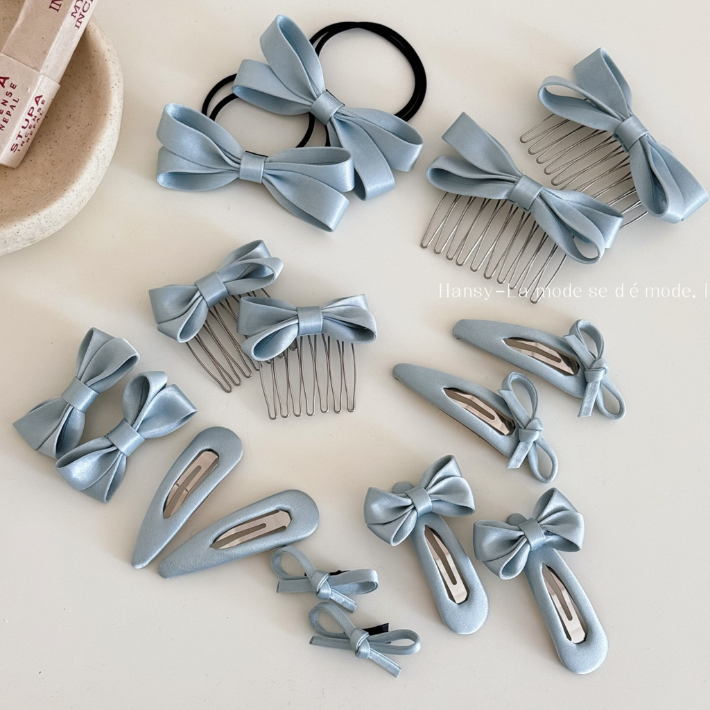 Kẹp tóc nơ Satin màu xanh Hàn Quốc để giữ tóc bangs