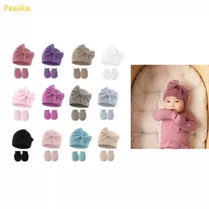 Găng tay chống trầy xước Pealike Bộ mũ bệnh viện bằng vải Cotton ấm áp thoáng khí cho trẻ sơ sinh